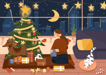 圣诞节小姑娘布置圣诞树