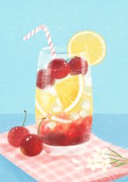 手绘樱桃果茶插画