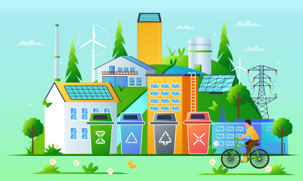 四个垃圾分类桶背景是居民区