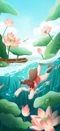 小暑大暑小女孩在荷花池塘游泳