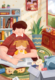 扁平室内爸爸带着孩子阅读学习温馨亲子时光