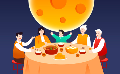 中秋节家人团圆朋友吃饭聚餐美食促销插画