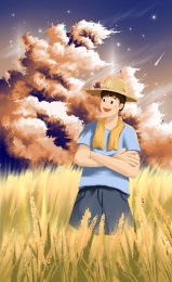 秋天田地和农民插画