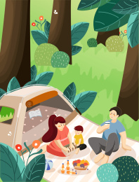 一家人露营竖版手绘插画