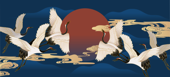 丹顶鹤仙鹤天空祥云中秋中国风矢量插画