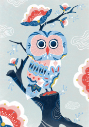 动物主题类插画，猫头鹰站在树枝上