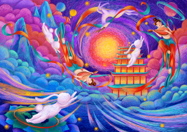 三兔共耳中秋节扁平风格插画
