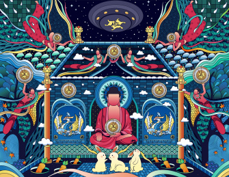 敦煌三兔共耳渐变风格延展插画