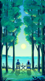 夏季情人森林海边看夕阳唯美插画