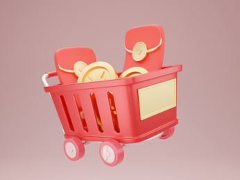 3D红色购物车中放放满了红包和金币