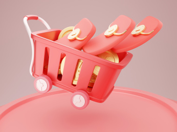 3D红色购物车中放放满了红包和金币