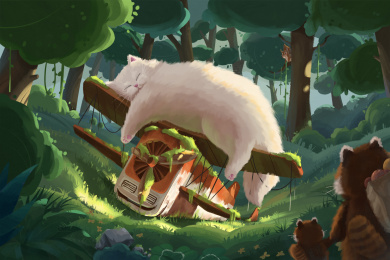 白色的大猫在红色飞机残骸上睡觉