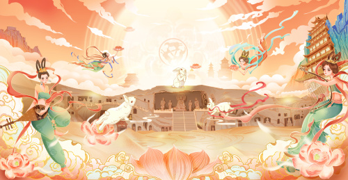 敦煌三兔共耳中国风大场景插画