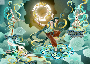 敦煌三兔共耳与飞天延展插画