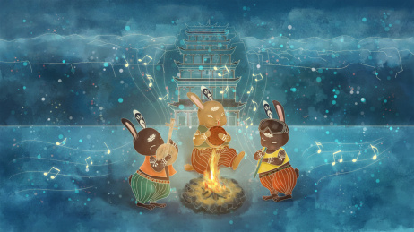 敦煌三兔共耳欢乐场景插画