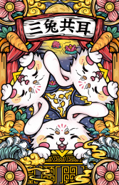 敦煌三兔共耳国潮风竖版插画