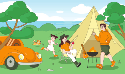 周末露营一家人分层矢量插画