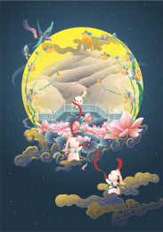 敦煌三兔共耳中秋月亮延展插画