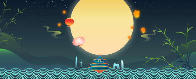 国风月亮下的建筑