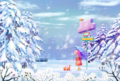 冬季森林女孩与狐狸相遇树下等车