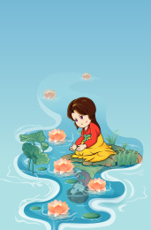小女孩在河边放河灯的插画