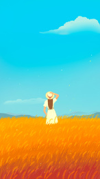 秋天风中稻田里女孩手绘插画