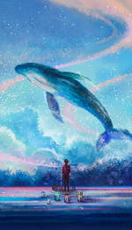 少女在天空中绘画出一条鲸鱼插画