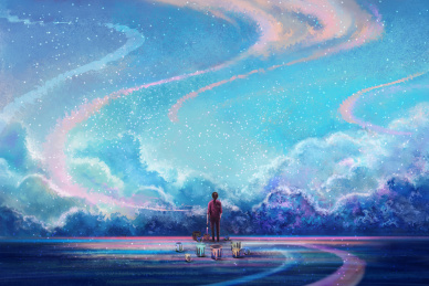 少女用画笔绘画出天空插画