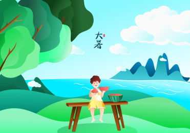 卡通夏季乘凉吃西瓜大暑节气背景矢量插画