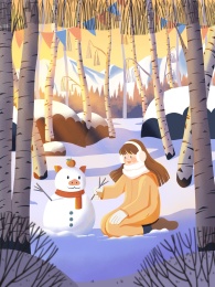 大雪过后女孩在树林里开心地堆雪人