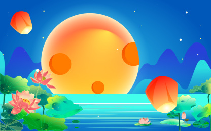 中秋节玉兔赏月吃月饼传统节日兔子望月插画