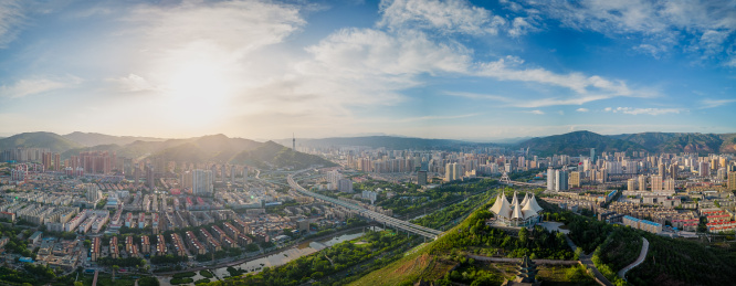 中国青海西宁航拍城市全景