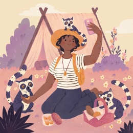 夏天户外度假露营自拍女生和环尾狐猴