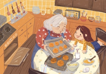 中秋节小女孩外婆做月饼温馨插画