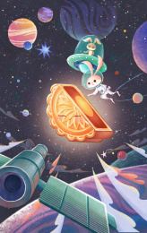 中秋创意插画宇航员兔
