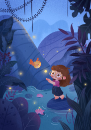 小女孩看萤火虫