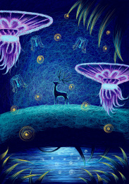 线圈插画梦幻森林下的鹿和水母