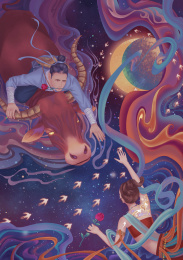 牛郎骑着牛和织女在七夕相会与银河鹊桥