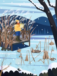 女孩在冬天小雪时节的河边芦苇丛中看雪