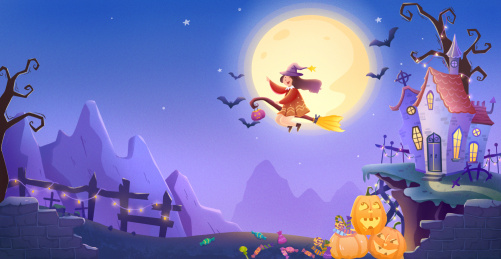 万圣节夜晚小女巫骑着扫帚在夜空飞行