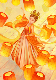 古风汉服少女在灯会上赏灯灯笼跳舞竖幅