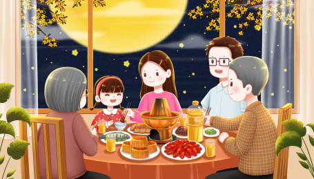 中秋节插画温馨一家人吃团圆饭赏月
