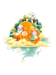 手绘国潮风中秋节月兔兔子插画