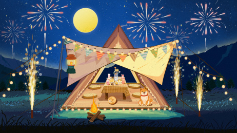 夜晚在户外露营聚餐