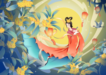 金桂飘香嫦娥奔月中秋快乐国风插画