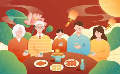 中秋节一家人团聚吃团圆饭传统国潮节日插画