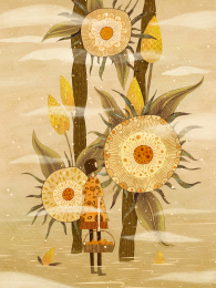 水彩彩铅风格抽象向日葵风景插画