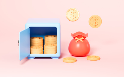 打开的保险箱和钱袋3D渲染