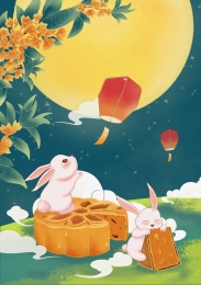 玉兔吃月饼庆祝中秋快乐手绘插画