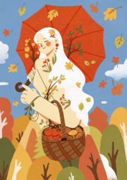 少女与伞自然复古秋天插画